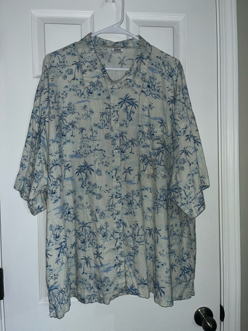 Cotton On Casual Men's Light Blue Palm Print Short-Sleeve Shirt